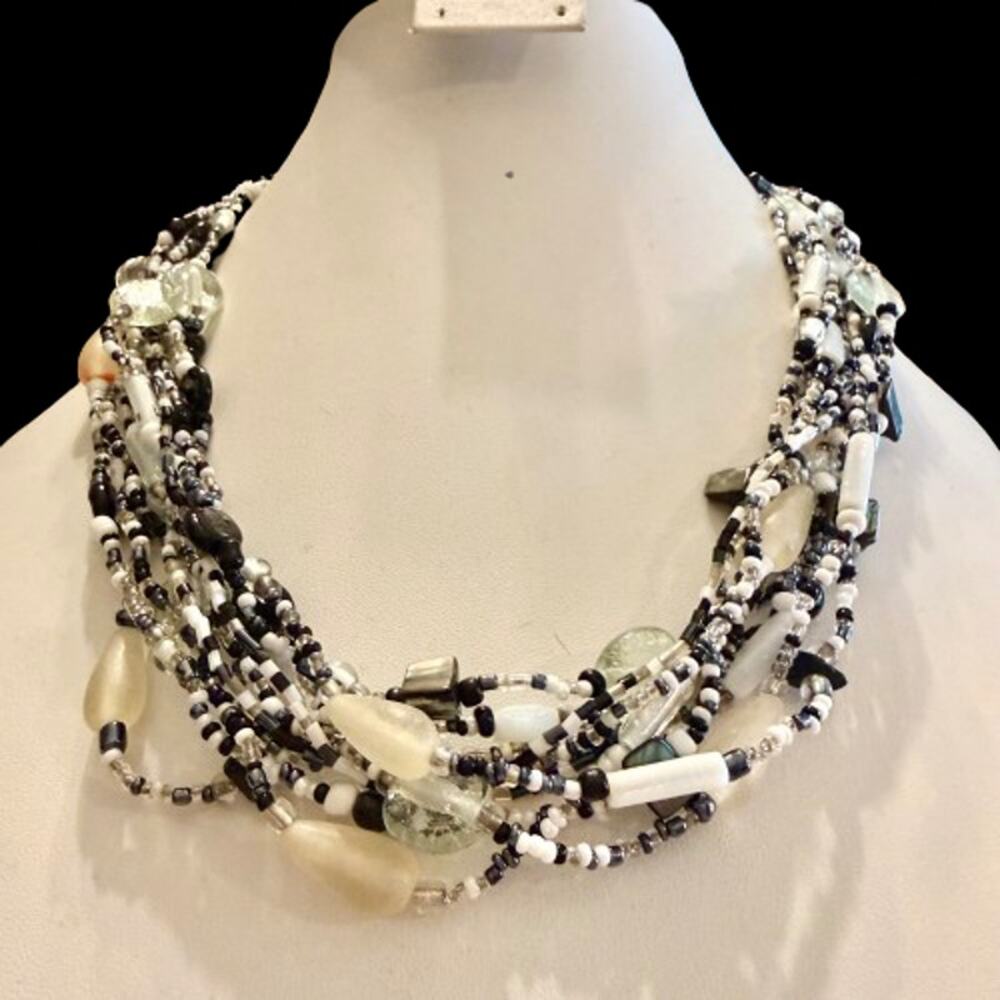 Boho Artisan Black White Glass Beaded Multi-Strand Necklace